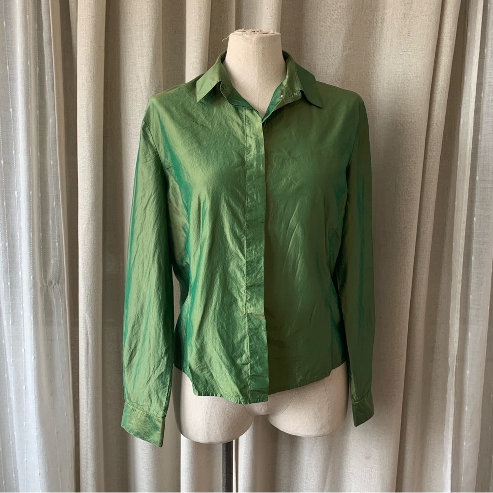 OLSEN SILK GREEN GOLD BUTTON DOWN BLOUSE S10